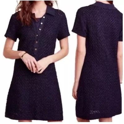 Anthropologie Moth S Polo Mini Dress Diamond Crochet Ribbon Navy Knit Blue • $24.99