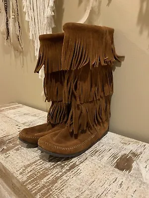 Minnetonka Women’s 3-Layer Fringe Boots. Brown Suede. Size 8 • $25