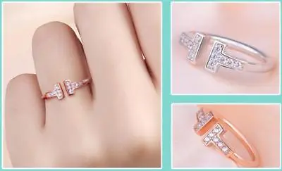 Pave Cubic Zirconia Double T-Shape Silver/Gold/Rose Gold Adjustable Ring • $8.99