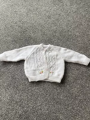 Hand Knitted White Wool Baby Cardigan Newborn • £4