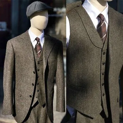 Vintage Tweed Men Suit 3 Pieces Jacket Business Herringbone Wedding Prom Blazer • $62.29