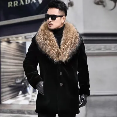 Men Faux Fur Parkas Mid-Length Fur Collar Faux Mink Fur Coat Thicken Trench Coat • $47.16