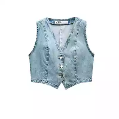 Zara Z1975 Cropped Light Wash Button-down V-neck Denim Vest Boho Women's M • $27.99