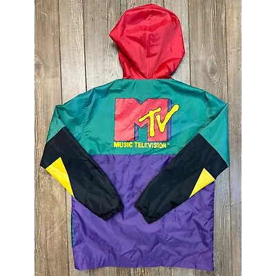 MTV Windbreaker Logo Jacket Zip Retro 90s Music Television Color Block Hoodie M • $25