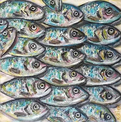 Original Oil Painting Sardines Fish On Canvas Food Seafood Anchovies Coastal Art • £88.55