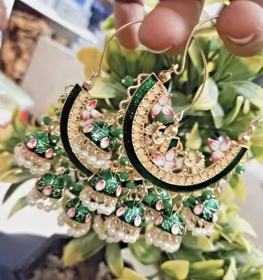 Indian Bollywood Style Kundan Green Enameled Bali Hoop Earrings Jhumka Set • $29.99