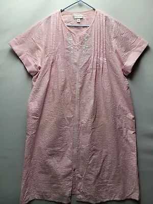 Miss Elaine Nightgown Pink White 2X Flower Embroidery Zip Up VTG 2031 • $24