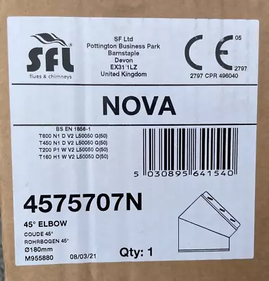 SFL Nova SM Twin Wall Chimney Flue 45° Degree Elbow Ø 180mm 4575707N New • £54.99