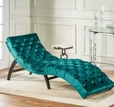 Chaise Lounge Chair Sofa Daybed Lounger Bedroom Green Velvet Tufted Curved New • $279.99