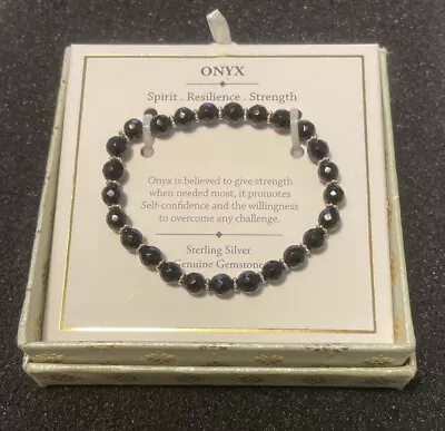 New Shivam .925 SS Genuine Black Onyx Gem Beaded Hamsa Hand Luck Charm Bracelet! • $8.99