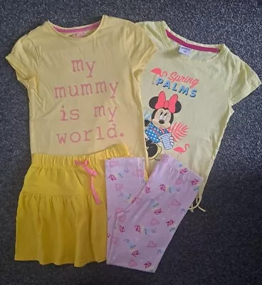 Girls Summer Clothes Bundle Minnie Mouse Top Pink Leggings Yellow Skirt Age 5-6 • £4