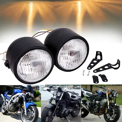 Black Twin Headlight Motorcycle Double Dual Lamp Street Fighter Naked Universal • $34.73
