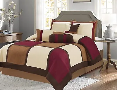 Burgundy  Brown Suede Faux Fur Patchwork 7 Pcs Cal King Queen  Comforter Set • $164.99