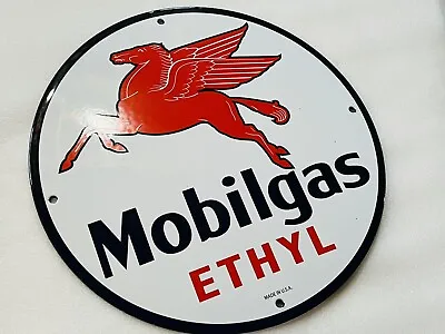 12” Mobil Ethyl Gasoline Mobilgas PORCELAIN ENAMEL SIGN Motor OIL GAS PUMP PLATE • $79