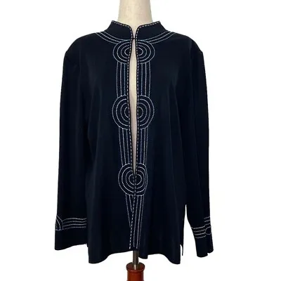 Ming Wang Black Knit Blue Embellished Long Fit Jacket • $44.99