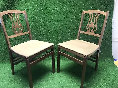 VTG PAIR Of Rare Tan Stakmore Folding Chairs Modern Wood Seating Rustic USA Made • $137.37