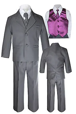$80.99 • Buy 7pc Baby Toddler Boy Dark Gray Formal Wedding Party Suit Tuxedo Vest Necktie S-7