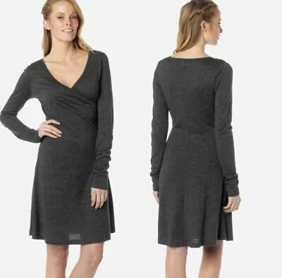 Prana Nadia Grey Faux Wrap Long Sleeve Lightweight Wool Blend Dress Large • $34.99