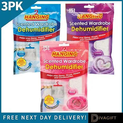 3 Hanging Wardrobe Dehumidifier Bags Scented Moisture Trap Crystals Damp Control • £5.65