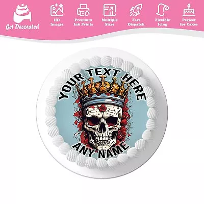 Cool Skull Crown Roses Personalised Cake Icing Topper Edible Cupcake Decoration • £2.49