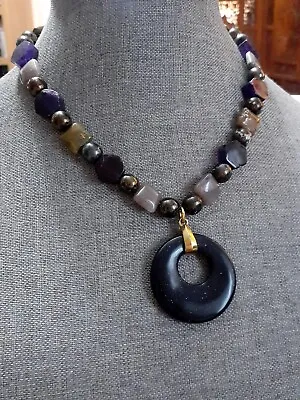 Vintage Lapis Lazuli & Multi Gemstone Beaded Pendant Necklace • $21.99