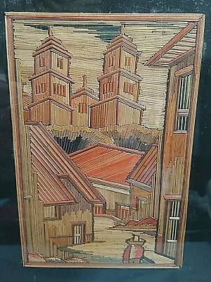  ANTIQUE BEAUTIFUL STRAW MARQUETRY FRAME PEROU ART 1950 Landscape Painting  • $12.98