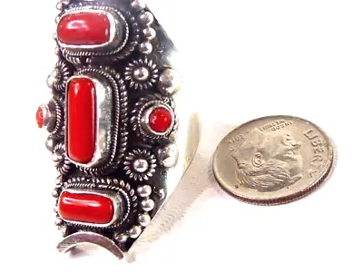 VINTAGE STERLING SILVER Fabulous RED CORAL 5 STONE RING 1 1/2  LONG.SZ 10 RING • $89