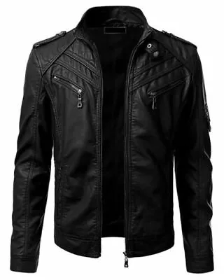 Mens Real Black Leather Jacket Retro Slim Fit Motorcycle Jacket • $104.66