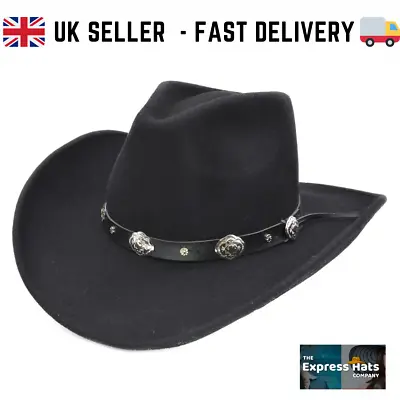  Black  100% Wool Felt Cowboy  Hat With Buckle Band (Major Wear) Fast UK Post • £37.95