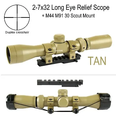 TACFUN Mosin Nagant 2-7x32 Long Eye Relief Scope + M44 M91 30 Scout Mount - TAN • $69.99