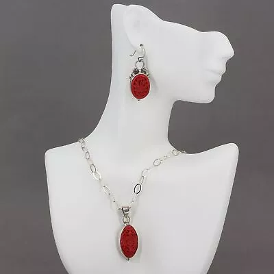 Vintage Sterling Silver Floral Carved Cinnabar Necklace & Earrings Set • $59.99