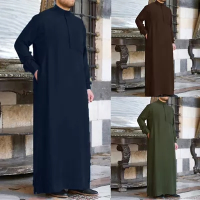 US STOCK Men's Muslim Long Sleeve Abaya Dubai Thobe Islamic Jubba Kaftan Dress • $23.45