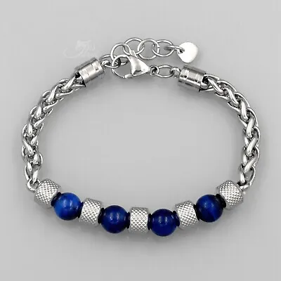 Men Blue Tiger's-eye Stainless Steel Chain Bangle Bracelet 20155 • $11.99