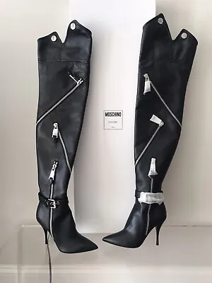 Nwb $1995 Moschino Zips Leather Over The Knee Stiletto Boot Size 38 Italy • $479.99