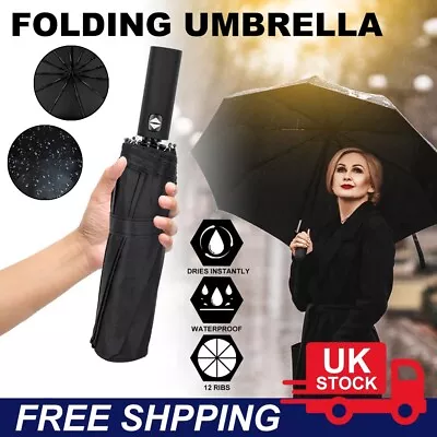 Large 12 Ribs Umbrella Strong Automatic Open Close Folding Rain Windproof Travel • £9.39