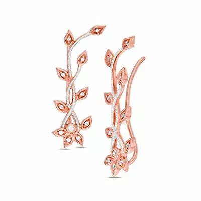 10K Rose Gold 0.16Ct Real Diamond Leaf Style Vine Crawler Climber Cuff Earrings • $475.64