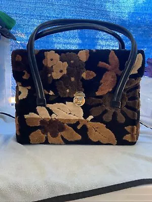 Vtg 50's Carpet Bag Tapestry Purse Black Rust Brown Flowers Autumn Handbag • $35