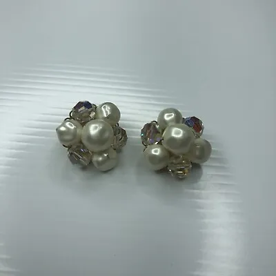 F Marvella Gold Clip On Pearls Crystals Cluster Vtg Retro 50s Glam Mcm Earrings • $6