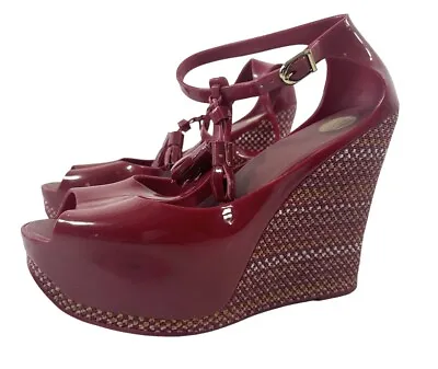 Melissa Shoes Womens 9 Red Peace II Platform Wedges Jelly Ankle Strap Barbie Y2K • $44.95