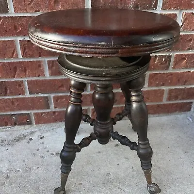 Wood Piano Stool Glass Ball & Claw Feet Adjustable Swivel Seat 1908 Antique • $69.99