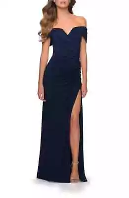 La Femme Navy Blue Off The Shoulder Ruched Trumpet Gown Size 8 Orig $328 • $99.98