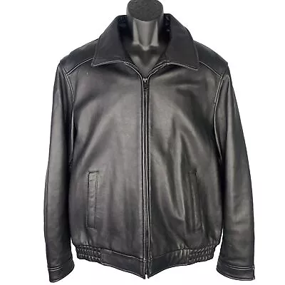 Vintage Tommy Hilfiger Black Leather Jacket Mens Large Lined Bomber Motorcycle • $74.99