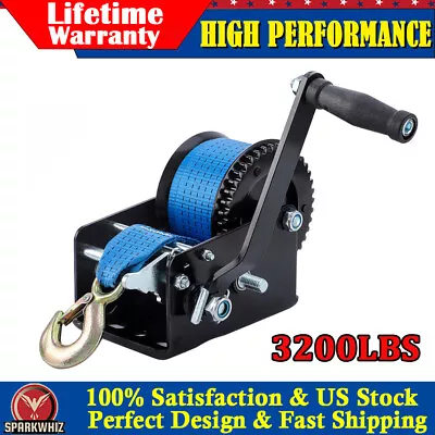 3200LBS Hand Winch Hand Crank Gear Winch Polyester Strap 2 Gear ATV Boat Trailer • $57.99