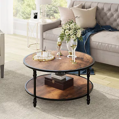 2-Tier Round Coffee Table Rustic Accent Center Wood Table With Storage Shelf • $94.99