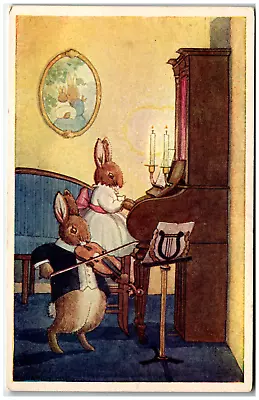 Postcard The Duet Margaret Tempest Medici Society Rabbits Playing Piano & Violin • $7.57