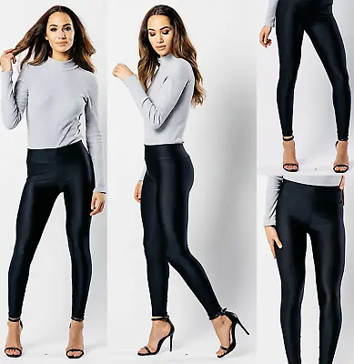 Womens High Waisted Disco Leggings Shiny Dance Ladies Trouser Club Wear Pants • £9.99