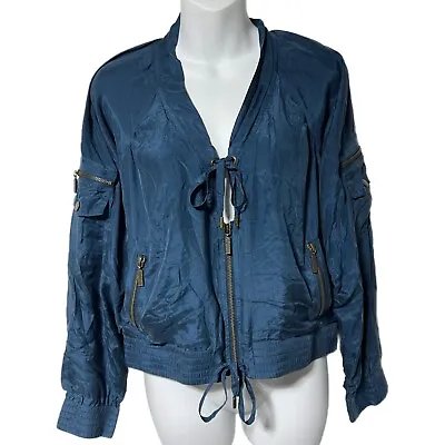 Mike Gonzalez Blue Silk Cropped Boxy Bomber Jacket Size 6 • $76.49