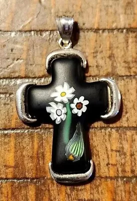 Vintage Millefiori Silver Cross Floral Necklace Pendant • $23.50