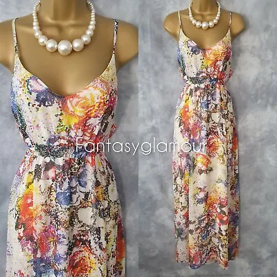 CHARLIE JADE Long/Maxi Dress Size L UK 12 Multi Print Slick Slit Summer Holiday • £25