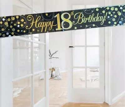 Black & Gold Themed Happy 18th Birthday Foil Wall Banner 18th Party Decorations • £2.79